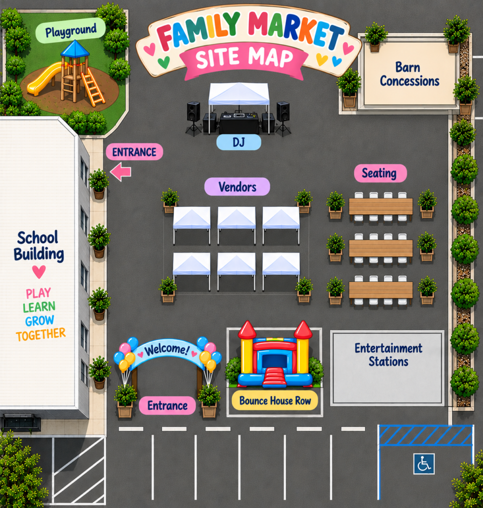 Mission Valley Family Market site map showing entrances, vendor rows, bounce house row, concessions, seating, DJ and playground