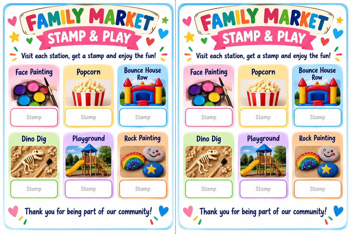Family Market Stamp & Play card with six stations: face painting, popcorn, bounce house row, dino dig, playground and rock painting